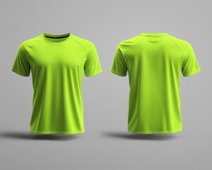 Sports. Active recreation. Blank neon green t-shirt mockup front, back view. Sportswear design template for outdoor sports safety. Active wear