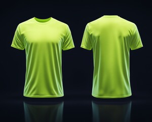 Sports. Active recreation. Blank neon green t-shirt mockup front, back view. Sportswear design template for outdoor sports safety. Active wear