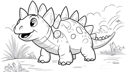 Cute cartoon dinosaur coloring page, prehistoric landscape background, for kids, educational © Mundhut