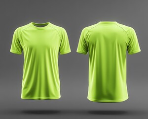 Sports. Active recreation. Blank neon green t-shirt mockup front, back view. Sportswear design template for outdoor sports safety. Active wear