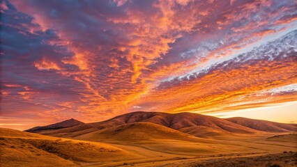 A breathtaking sunset over rolling hills, painted with vibrant hues of orange, pink, and purple, creating a serene and picturesque landscape.