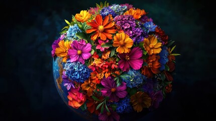 A globe transforming into a vibrant bouquet of colorful flowers, symbolizing Earth&acirc;&euro;&trade;s renewal and seasonal growth.