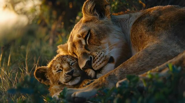 Tender Moment of Lioness Cuddling Her Young Cub in Warm Golden Light on Savanna