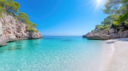 Fototapeta premium A pristine beach cove features crystal-clear turquoise water, framed by rocky cliffs with lush green vegetation. The scene is bright, high-resolution, and sunlit. It displays a vibrant, idyllic aesth