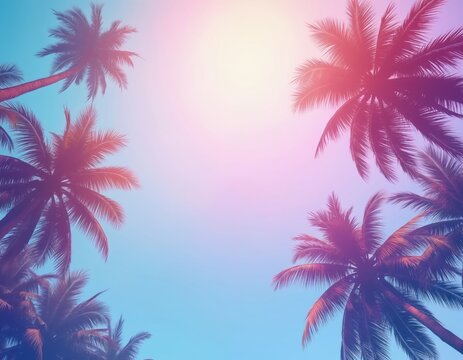 Bottom view palm trees on summer colorful sky. Beautiful tropical background. Gradient colors with light blue purple pink. Ideal vacation, travel, holiday, paradise concept.