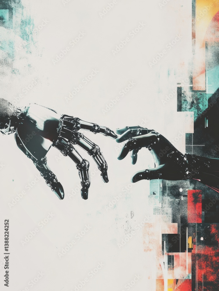 Poster human hand reaches out to touch robotic hand in a modern collage representing the conflict between h