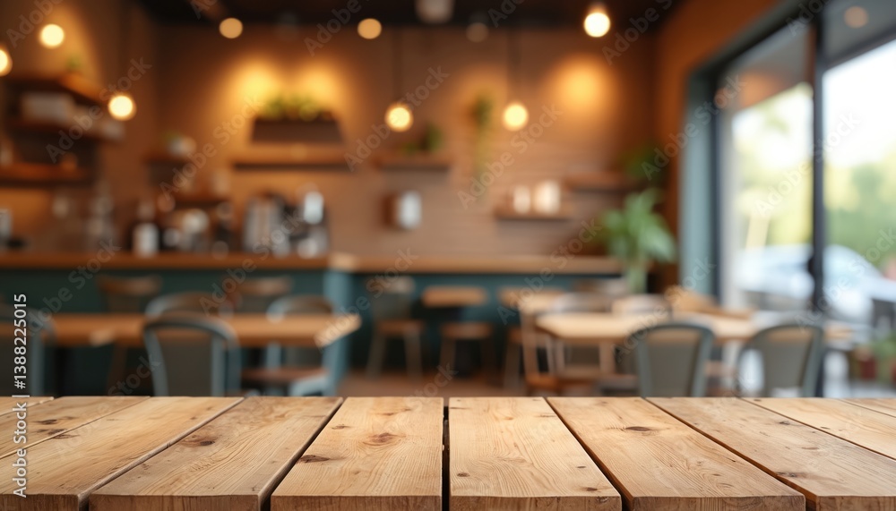Poster empty wooden table in front of blurred coffee shop cafe interior. mockup display product. cafe backg