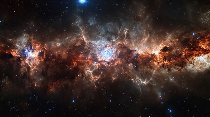 A vibrant nebula with bright stars and cosmic dust clouds in a vast expanse of deep outer space