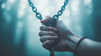 Hand Held by Chain in a Misty Forest