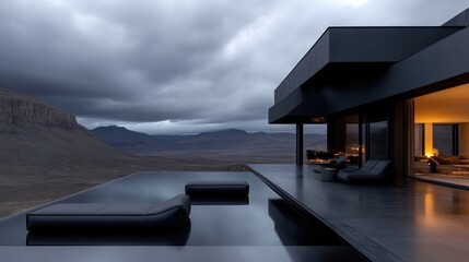 Fototapeta premium Modern, minimalist, cliffside villa with infinity pool. Dramatic mountain views and dark, sleek aesthetic. Spacious outdoor living area