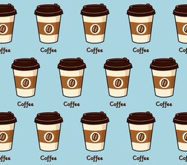 Seamless pattern disposable coffee cup. Vector background with takeaway coffee icon. Takeaway coffee print on blue background. For printing, design