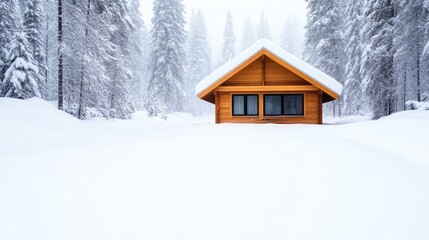 Naklejka premium A snow-covered, wooden cabin sits in a snowy forest. The cabin is small, with a gabled roof and large windows. Its set against a backdrop of snow-laden evergreen trees. The image is high-quality, wi