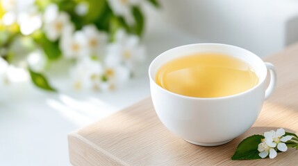 A white teacup filled with light yellow tea sits on a light wood surface. Softly blurred white flowers are in the background. The image is high-quality, with natural lighting. The style is calming a
