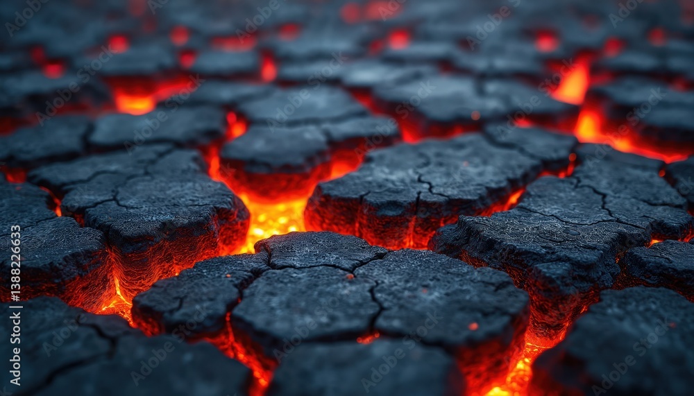 Poster abstract background image of extinct lava with red gaps. dark rough surface cracked in the mountains