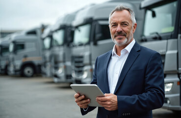 Pro manager with tablet at truck fleet in logistics hub. Confident executive in suit. Digital technology in transportation, supply chain, freight. Business, industry, commercial, delivery service