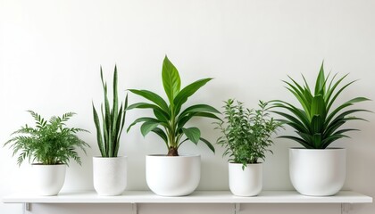 Fototapeta premium Various houseplants displayed in white ceramic pots on white shelf. Green potted exotic house plants against white wall. Home garden decor. Houseplants bring freshness, home coziness, act as air