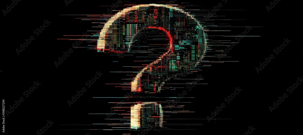 Poster glitch pixel question mark on dark background for futuristic tech design