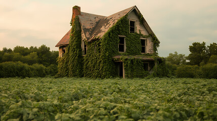 Obraz premium Abandoned house slowly being swallowed by climbing green vines. Swallowed Past. Illustration