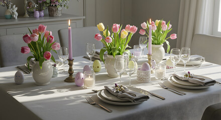 Fototapeta premium Elegant Easter table setting with pastel-colored decorations, candles, and tulips, natural window light, cozy atmosphere, interior design.