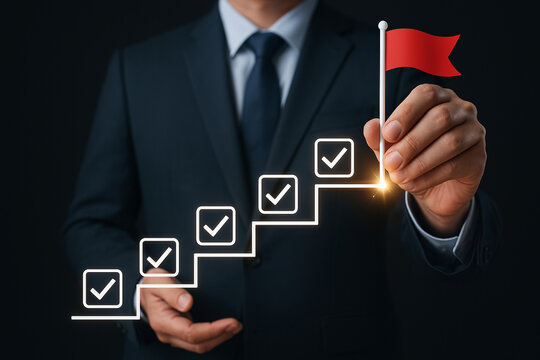 Businessman drawing checkmarks on virtual steps leading to a red flag, symbolizing goal achievement, success planning, and business progress.