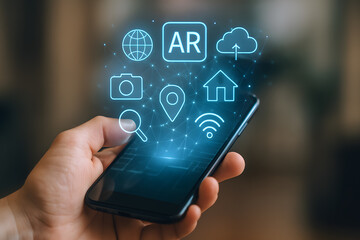 Hand holding smartphone with futuristic augmented reality interface and glowing icons for modern technology and connectivity
