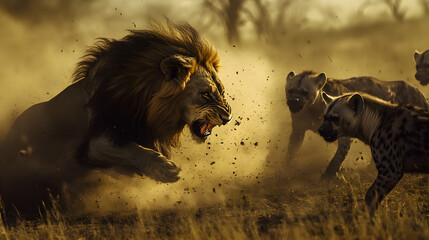 A ferocious lion confronts a pack of hyenas in a dusty, tense standoff on the African savanna. Nature's rivalry displayed with raw power and intensity.