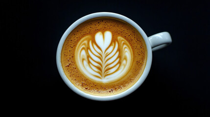 Cappuccino in a white cup set against a black backdrop with a laptop in view from above
