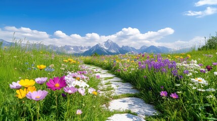 Obraz premium Mountain Wildflower Meadow Path Vibrant Nature Style High-resolution, sharp focus Landscape wide shot Blooming flowers Summer Hiking idyllic bright Sunny, cheerful Tourism promotion