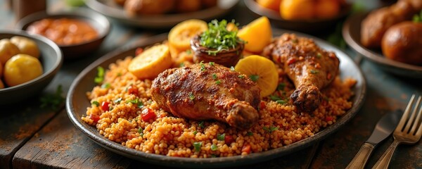 Jollof rice with succulent chicken pieces. West African cuisine dish, traditional meal. Savory, flavorful food with rice and meat, a celebration of African culture heritage.