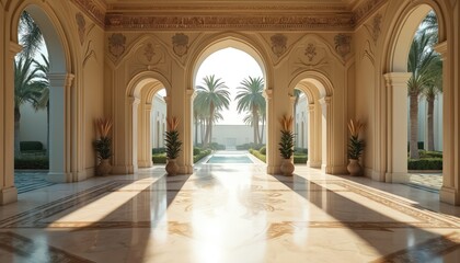 Grand hall interior with archways marble floor palm trees outside. Architectural building design, luxury elegant resort palace with arabic ornate details. Travel tour tourism destination indoor