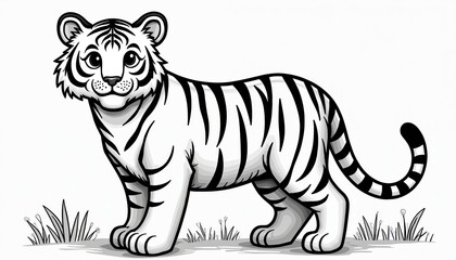 Fototapeta premium Cute tiger illustration for kids coloring pages, design. Simple outline drawing with black and white stripes. Cartoon animal, wild cat character for children. Easy print, book page for fun activities.