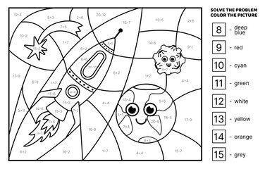 Solve the problem, color the picture. Rocket and Earth in space. Black and white. Addition, Subtraction. Coloring book. Isolated vector illustration eps 10
