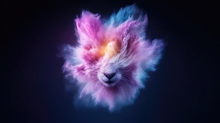 A white lions face is depicted, seemingly emerging from a vibrant pink and blue cloud of dust. The image is digitally created, featuring high resolution and sharp details. Its style is surreal and et