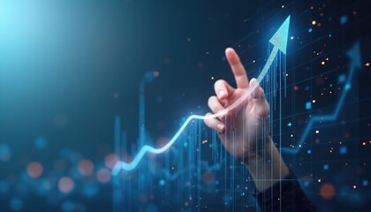 Hand points at upward digital chart arrow. Finance concept. Business growth success. Increase market profit. Businessman touching data graph on blue background, digital innovation.