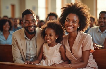 African American family smiling in church. Father mother daughter happy, celebrate faith. People show love hope togetherness in worship. Church community is key of their life.