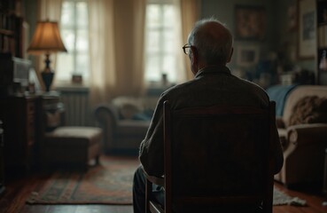 Elderly man sits alone in dark room looking out window. Thoughtful senior person in home interior with vintage furniture. Portrait of sad old man. Loneliness, isolation.
