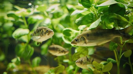 Aquaponics Tank Ecosystem: Fish and Floating Plants in Sustainable Integration Design