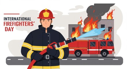 Vector greeting card illustration for International Firefighters' Day on May 4, featuring a firefighter with a hose and a fire truck