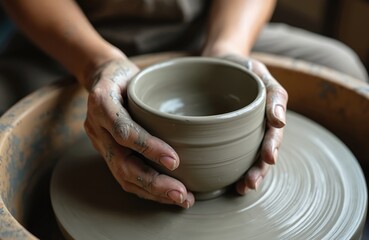 Woman hands molding wet clay bowl on pottery wheel, shaping final product. Potter makes unique handmade stoneware ceramics in studio. Stress-relieving hobby creative art, ceramic production.
