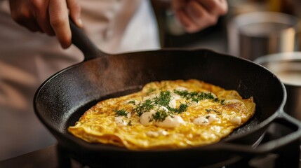 Cooking Delicious Omelette in Frying Pan with Fresh Dill Toppings