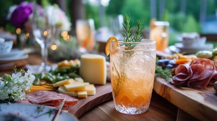 Fototapeta premium Elegant Summer Soiree with Mocktails and Charcuterie on Decorated Outdoor Table
