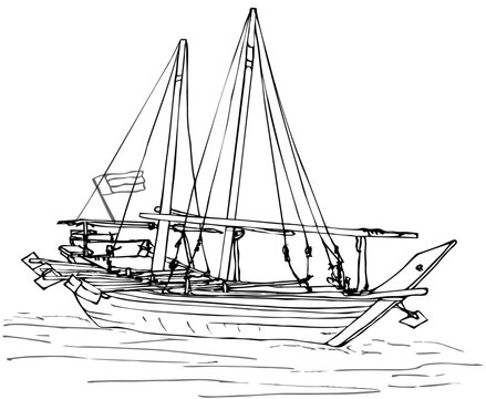 Large deep-sea traditional two-masted Arab Dhow boat in the Persian Gulf. A linear drawing of three separate objects: boat pearl fishermen, waves and flag