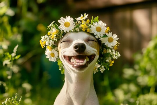 Cute baby dog whippet wearing free flower circlet on its head. Sunny daylight. Warm season happiness. Sunny outdoor happiness for dogs. Joyful dog&acirc;&euro;&trade;s holiday experience. Puppy exploring natur.