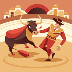 Bold Matador and Fierce Bull in Traditional Spanish Bullfight – Vibrant Cartoon Vector Illustration