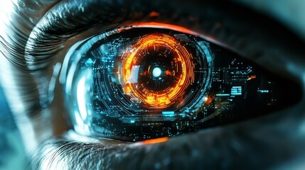Close up of a human eye with a digital futuristic interface overlayed on the iris and pupil area