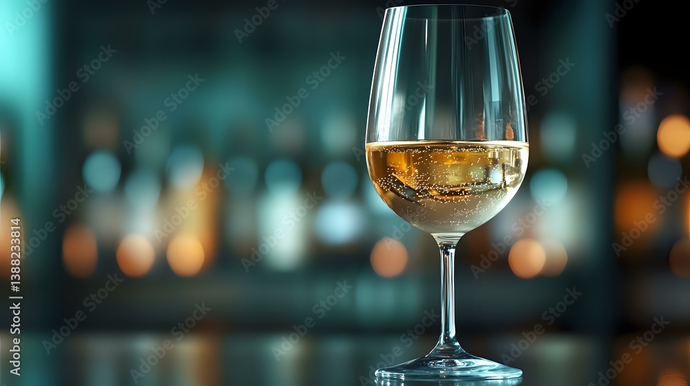 Poster glass of white wine on dark bar counter with blurred bottles and warm lights in background creating 
