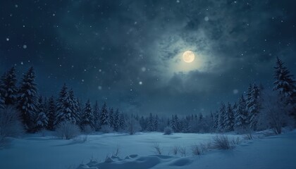 Winter night sky with full moon illuminates falling snowflakes. Forest trees covered snow at background. Serene landscape, perfect winter backdrop for cards, posters. Festive xmas mood with celestial