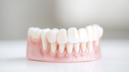 A dental model showcases a full set of pearly white teeth. The model rests on a white surface. The image is well-lit, offering good clarity and detail. The style is clean and clinical. Pink and wh