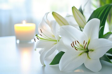 white lily flowers and a candle on a table in a room