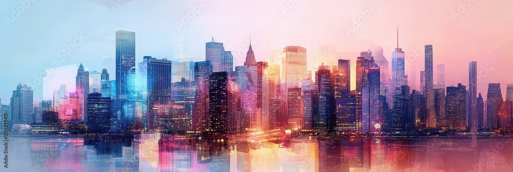 Poster futuristic networking: modern city skyline in double exposure showcasing the internet of things and 